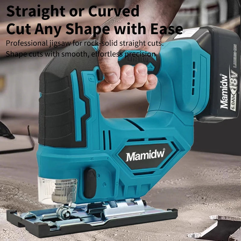 Mamidw Cordless Jigsaw Electric Curve Saw 3000RPM No-Load Speed, 20mm Stroke Length, 45° Tilting Function, Ergonomic Handle, Powered Precision Saw for Wood, Metal, Plastic Cutting, DIY & Professional Use (Tool Only) Compatib