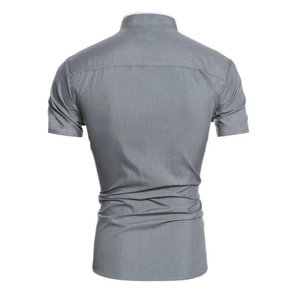 Summer Men's Stand Collar Solid Color Block Short Sleeve Casual Fashion Single Breasted Contrast Shirt