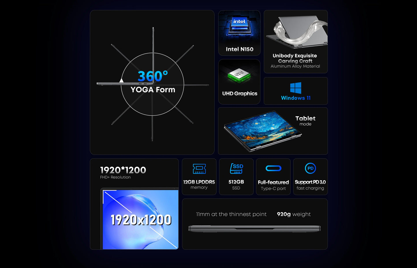 CHUWI MiniBook X Laptop Tablet PC 2 In 1 16GB 512G SSD Intel U300/N150 10.51 Inch FHD IPS Screen 1920*1200 Windows 11 Notebook
