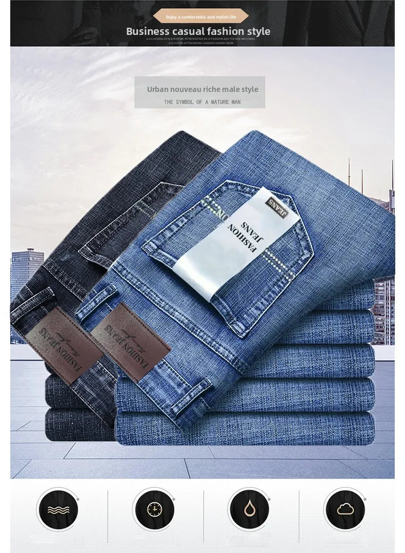 2026 Brand Slim Washed Jeans Casual Straight Stretch Fashion Classic Blue Black Work Denim Trousers Male Brand Clothing