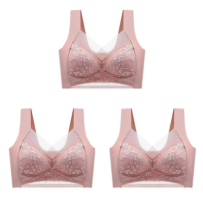 3Pcs Women Lace Bra Perspective Push Up Ice Silk Deep V Bralette Bra Sexy Lingerie Tops Plus Size Cup Mom's underwear L-5XL