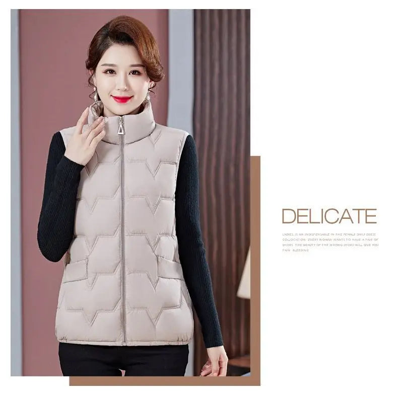 Fashion Women Down Cotton Jackets Vests Solid Stand Collar Zipper Cardigan Thicken Autumn Winter Warm Casual Sleeveless Coats
