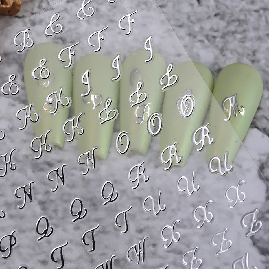 4pcs Roman Letter Nail Stickers Golden Silver Black White Alphabet Design Self Adhesive Decal English Words DIY Manicure Decor