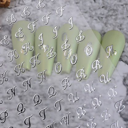 4pcs Roman Letter Nail Stickers Golden Silver Black White Alphabet Design Self Adhesive Decal English Words DIY Manicure Decor