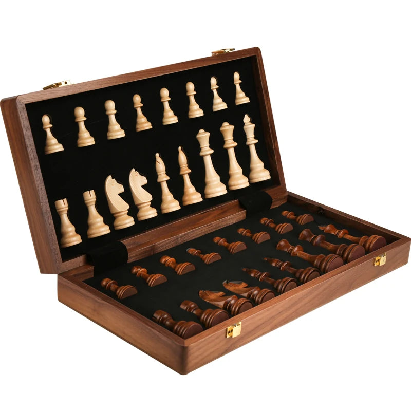 15" x 15" High-end Folding Chess Set Top Grade Classic Handwork Solid Wood Pieces Walnut Chessboard Children Gift Board Game