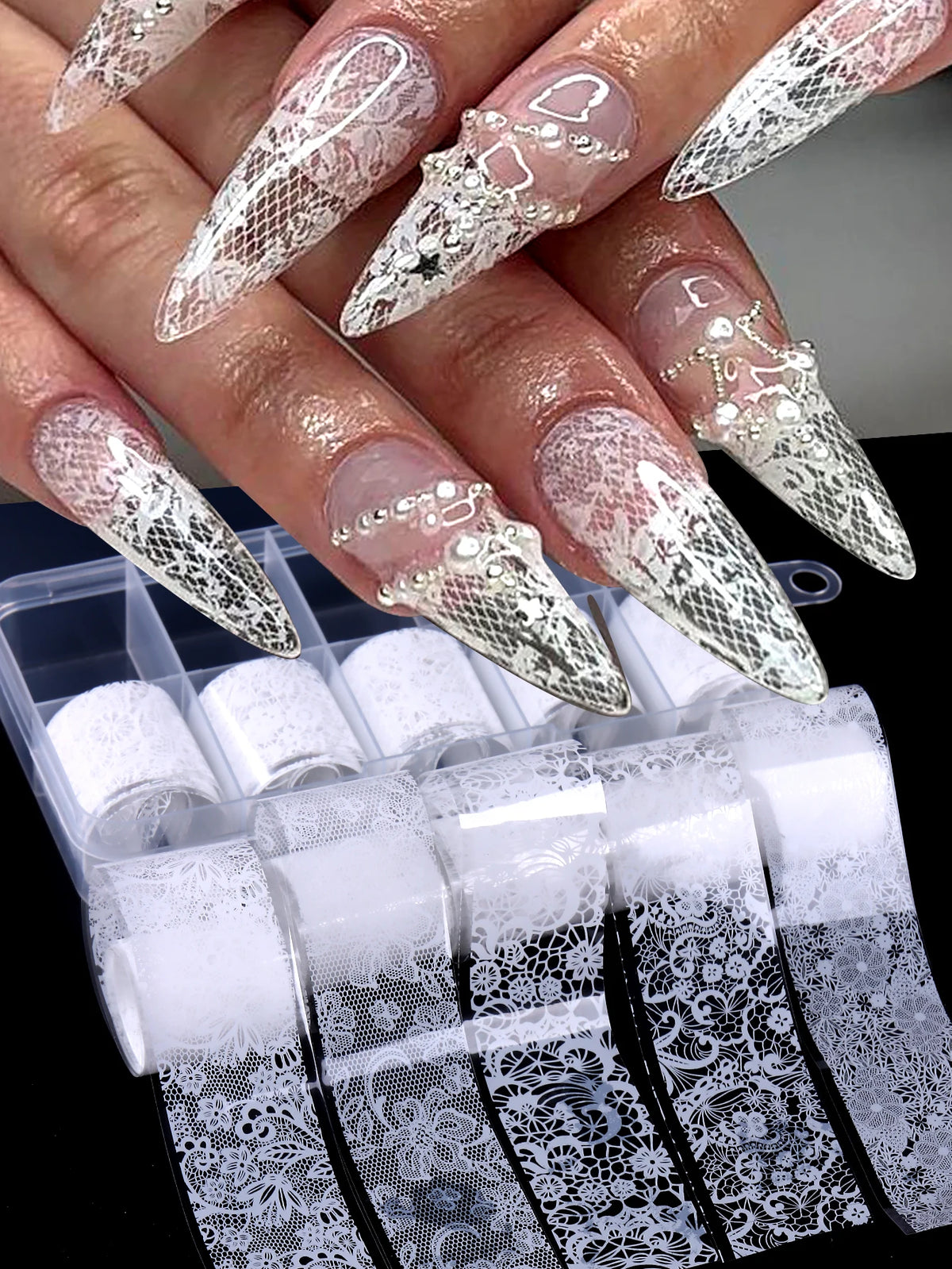 10 Sheets Lace Nail Foil White & Black Nail Stickers Design Transfer Foils Starry Sky Paper Nail Art Foil Decals for Nails Salon