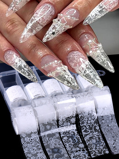 10 Sheets Lace Nail Foil White & Black Nail Stickers Design Transfer Foils Starry Sky Paper Nail Art Foil Decals for Nails Salon