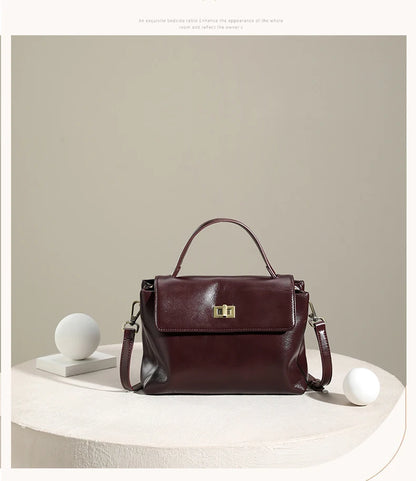 Genuine Leather Top Handle Crossbody Bag for Women Vintage Oil Wax Leather Shoulder Bag Small Luxury Designer Satchel Handbag