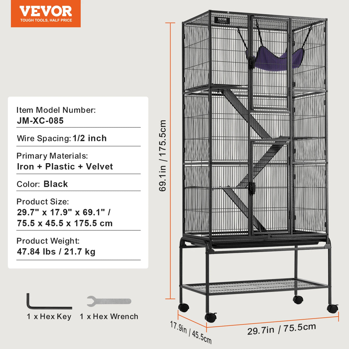SucceBuy 64.6" Rolling Metal Ferret Cage Large 4-Tier Critter Nation Cage Small Animal Cage for Rats Hamster Guinea Chinchilla