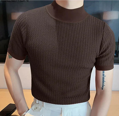 Summer New Casual Simple Knitted Base Shirt European and American Men's High Neck Water Ripple Solid Color T-Shirt