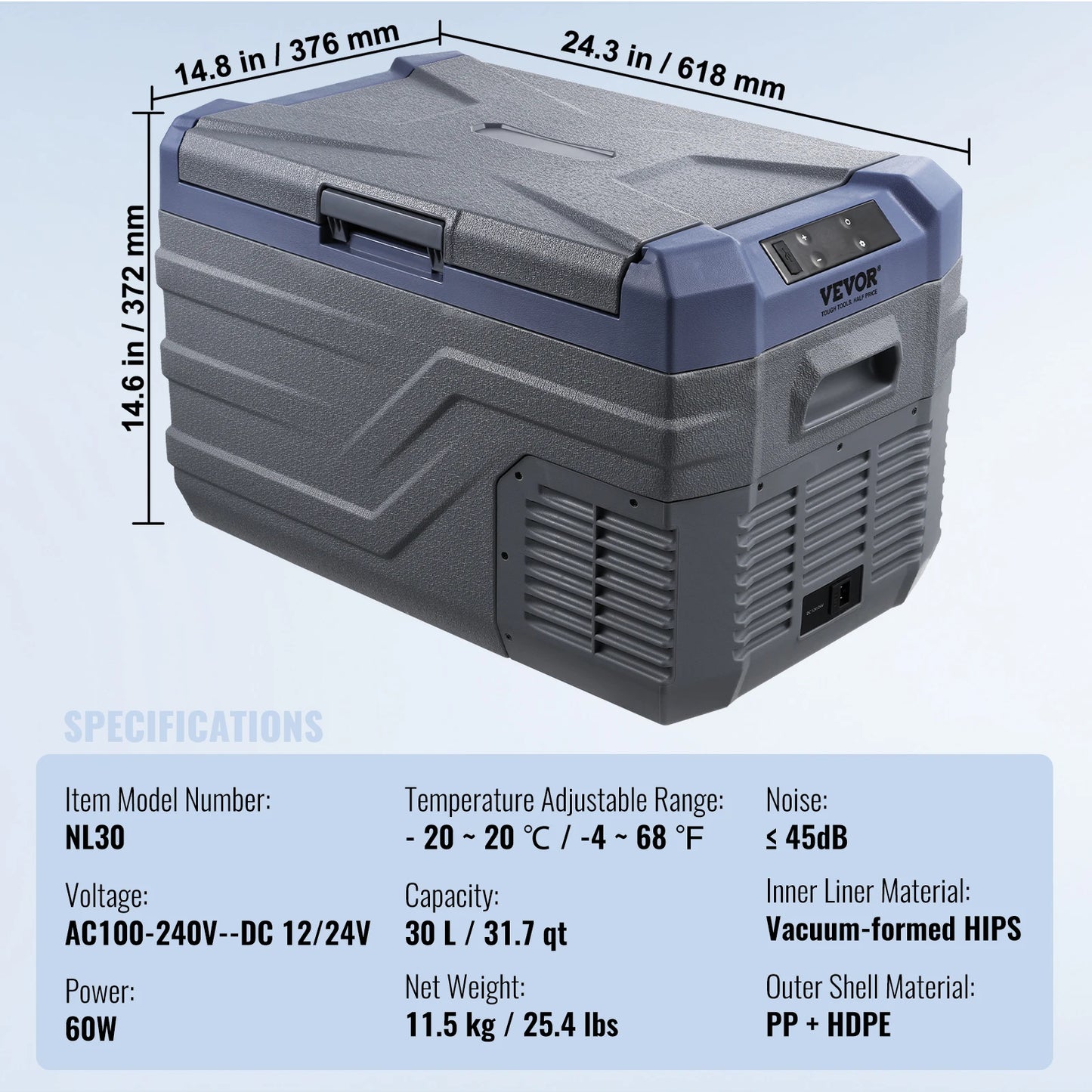 SucceBuy 30/37/45L Car Refrigerator Single Zone Portable Freezer&Built-in Light Compressor Cooler for Outdoor Camping