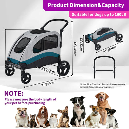 Heavy Duty Pet Wagon & Large Dog Stroller , Collapsible Dog Cart with Adjustable Handle, Breathable Mesh and Storage Pockets