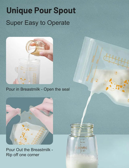 PE Giraffe Breast Milk Storage Bags, 250ML 30pcs/60 pcs per Pack, Pre-Stick Labels, BPA Free, Leakproof,
