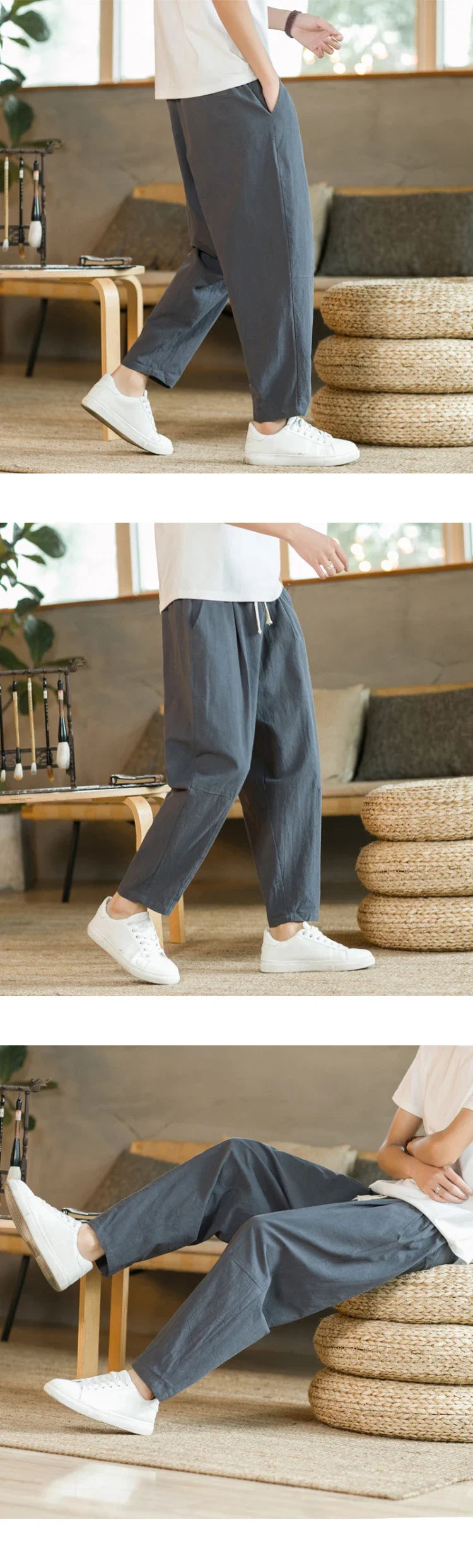 Streetwear Men Cotton Trousers Casual Solid Color Long Pants Breathable Drawstring Straight Pants Harem Pants Men Baggy Pants