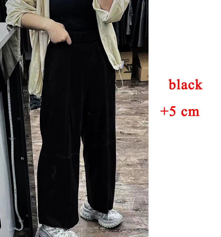 Retro Suede Leather Cropped Pants for Women Femae Genuine Leather Wide Leg Floor Long Trousers Straight Cylinder Spodnie Damskie