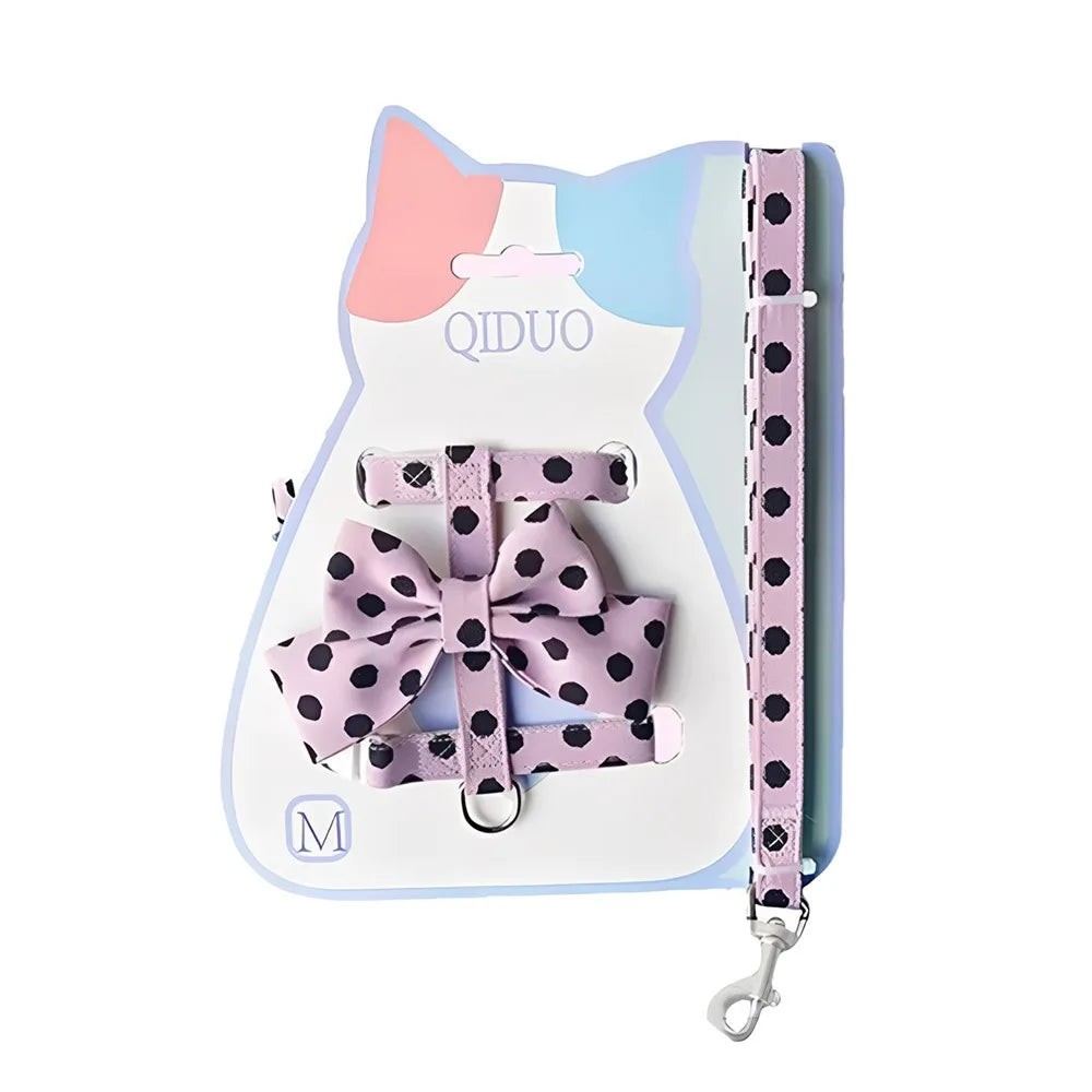Cute Polka Dot Pet Vest Harness Bowknot Adjustable Pet Traction Rope with Collar Cat Traction Rope Cat
