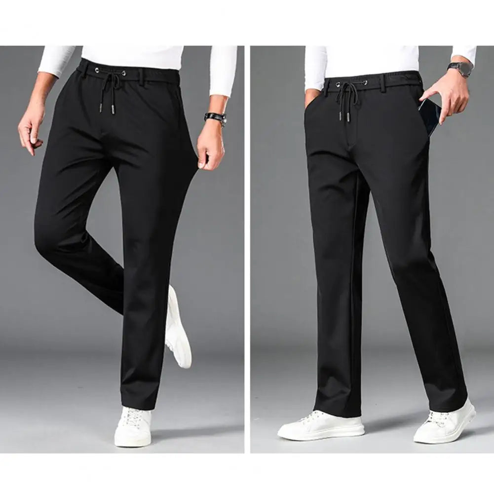 Men Casual Pants Loose Straight Drawstring Elastic Waist Business Pants Solid Color Breathable 2 Side Pockets Sports Trousers