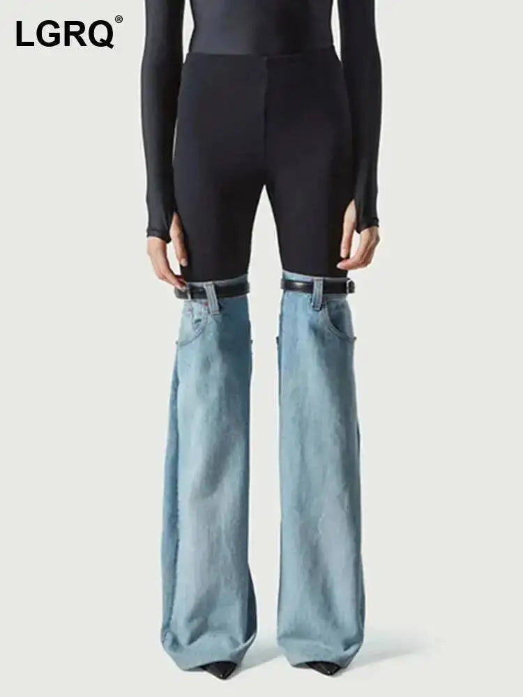 LGRQ Denim Patchwork Pants For Women Fashion New High Waist Contrast Color Belt Straight Pant Female 2026 Summer New 17A2013H