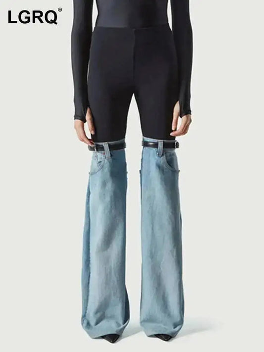 LGRQ Denim Patchwork Pants For Women Fashion New High Waist Contrast Color Belt Straight Pant Female 2026 Summer New 17A2013H