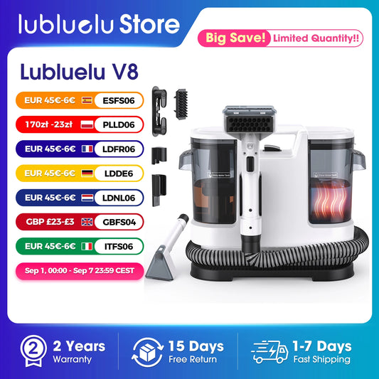 Lubluelu V8 800W Hot Water Carpet Cleaner  60°C Deep Clean Pet Stains 15kPa Strong Suction 5M Long Power Cord 1.75L Tank