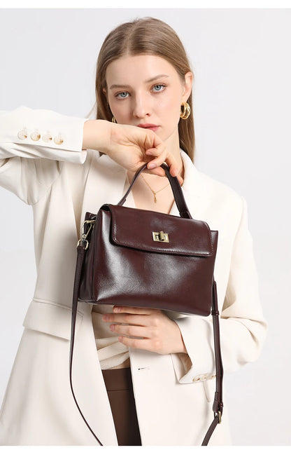 Genuine Leather Top Handle Crossbody Bag for Women Vintage Oil Wax Leather Shoulder Bag Small Luxury Designer Satchel Handbag