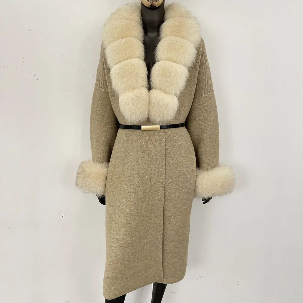 Long Knitwear Coat Women Warm Belt Real Fox Fur Jacket Female 2024 New Autumn Winter Kintted Natural Fur Coat Women