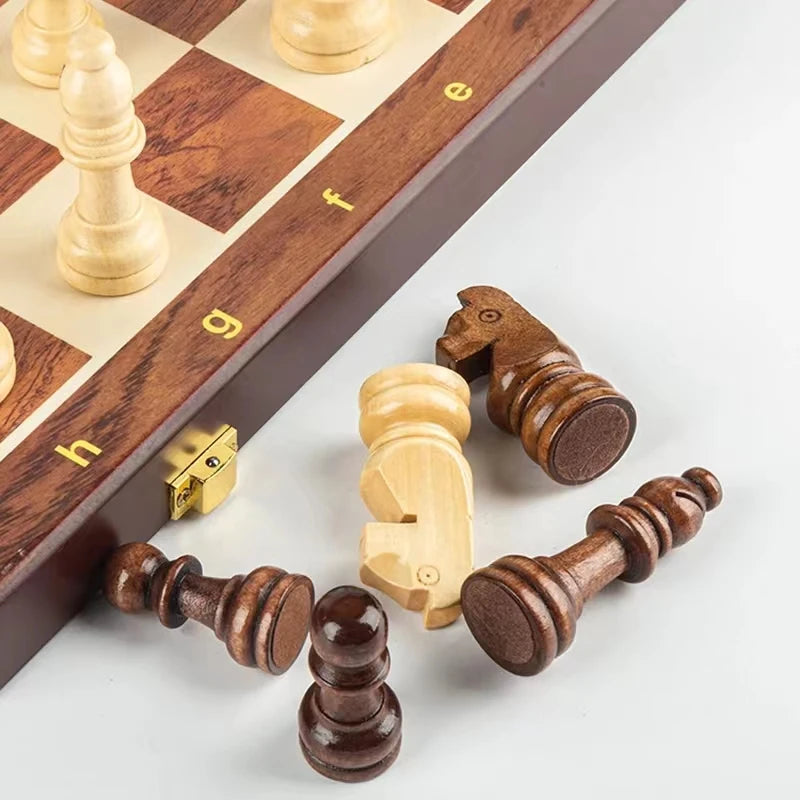 15" x 15" High-end Folding Chess Set Top Grade Classic Handwork Solid Wood Pieces Walnut Chessboard Children Gift Board Game