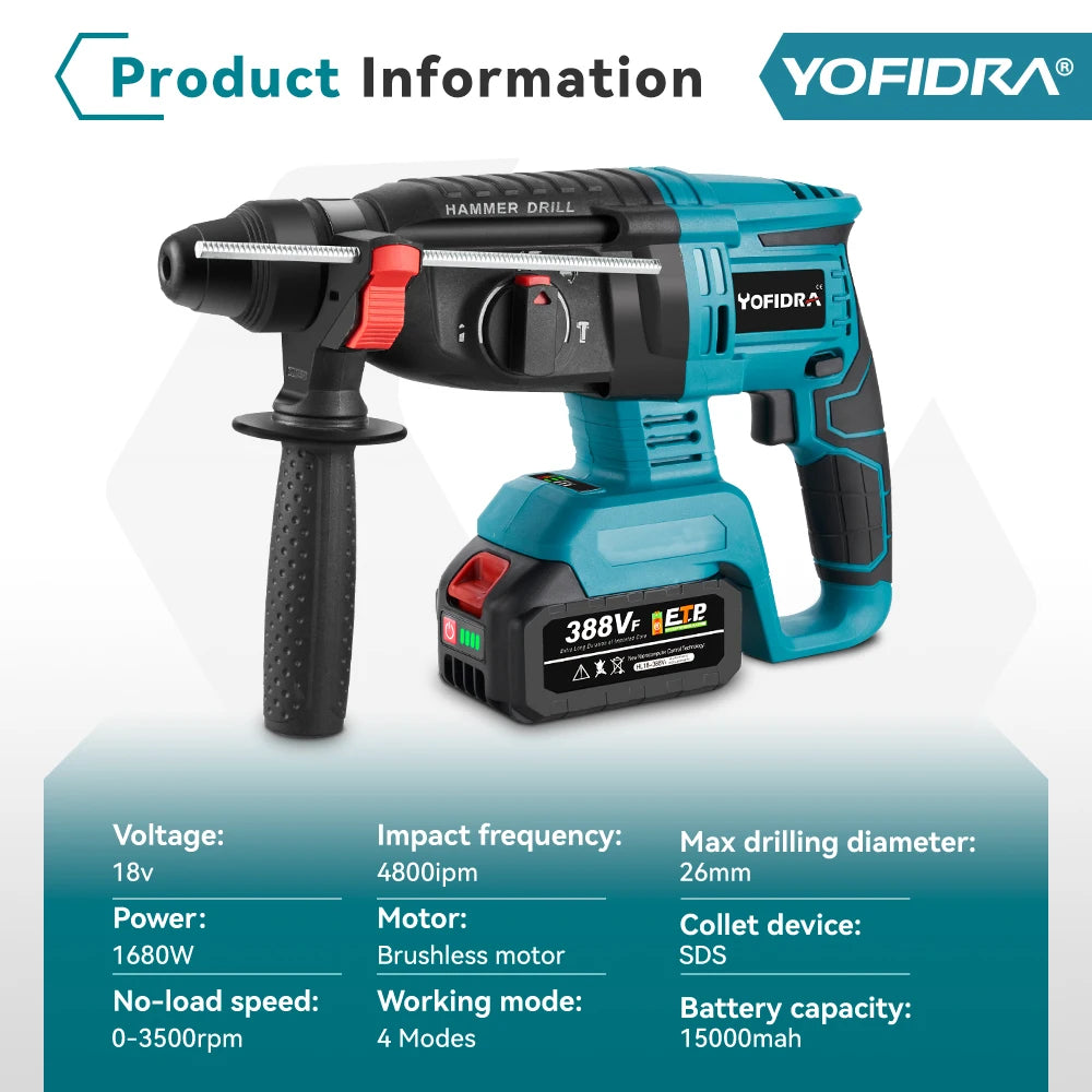 YOFIDRA 26MM Brushless Electric Hammer Drill Multifunctional Rotary Cordless Rechargeable Power Tools For Makita 18V Battery Pin