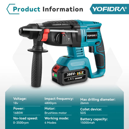 YOFIDRA 26MM Brushless Electric Hammer Drill Multifunctional Rotary Cordless Rechargeable Power Tools For Makita 18V Battery Pin