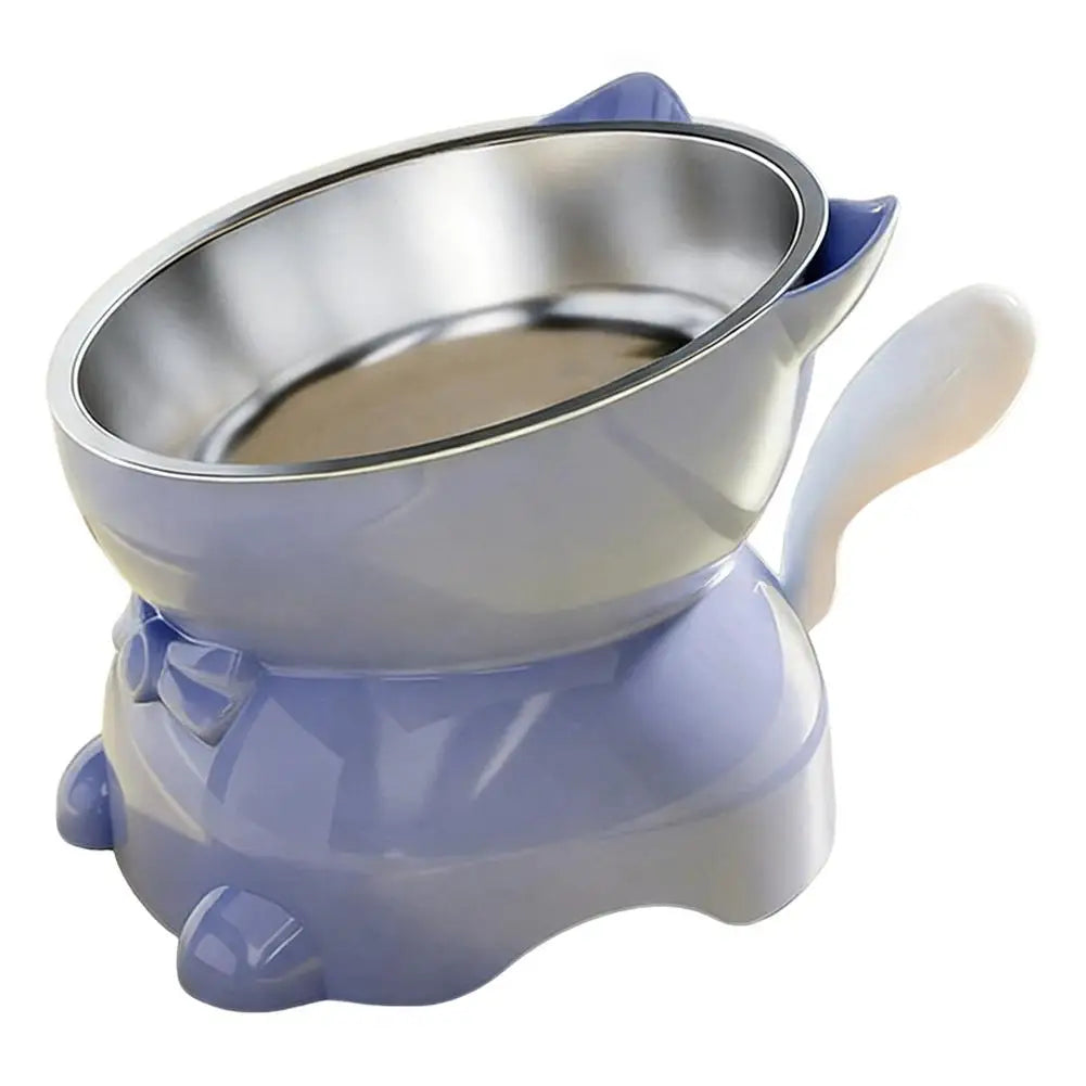 Elevated Stainless Steel Cat Bowl, Inclined Food & Water Dish with Cute Ear Stand, Neck Protection Design for Cats