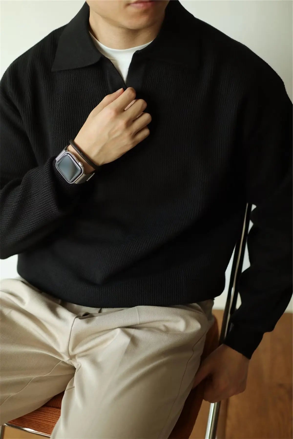 Fashion Solid Color Men Polo Kint Shirt Autumn Long Sleeve Turn-down V-neck Sweater Casual Jumper Tops Men's Knitwear Clothing
