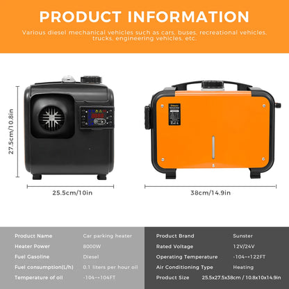Sunster 8KW 12V 24V Diesel Air Heater With Sound Dampeners LCD Switch Car Parking Heater For Car Trailer Truck Diesel Parking Heater