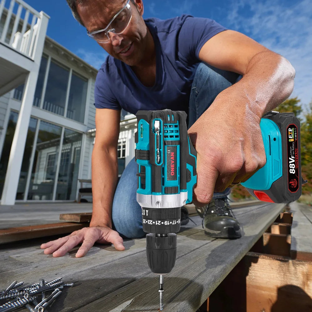 ONEVAN 25+3 Torque Electric Drill Portable Cordless Impact drill Furniture Wood Power Screwdriver Tools For Makita Battery Pin