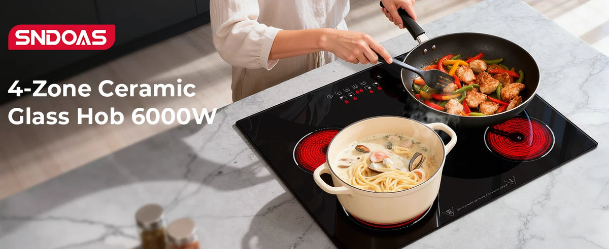 6000W Built-in Ceramic Hob, 4 Zone Induction Cooktop with Touch Control, 9 Power Levels, Timer & Child Lock, 60cm Black Glass