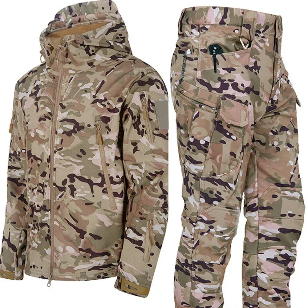 New Men's Winter Jacket Tactical  Sets Fleeced Sharkskin Windproof Waterproof Padding Suits Paintball Uniform Pockets Camo
