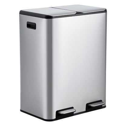 2 * 30L Stainless Steel TrashCan Dual Classification Foot Pedal Bins - Soft Close Lid/Removable Liner Buckets Recycling Solution