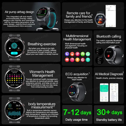 Sapphire Glass AMOLED Blood Pressure Smart Watches ECG Blood Oxygen Blood Pressure Air Pump Sport Health Tracking Smartwatch NFC