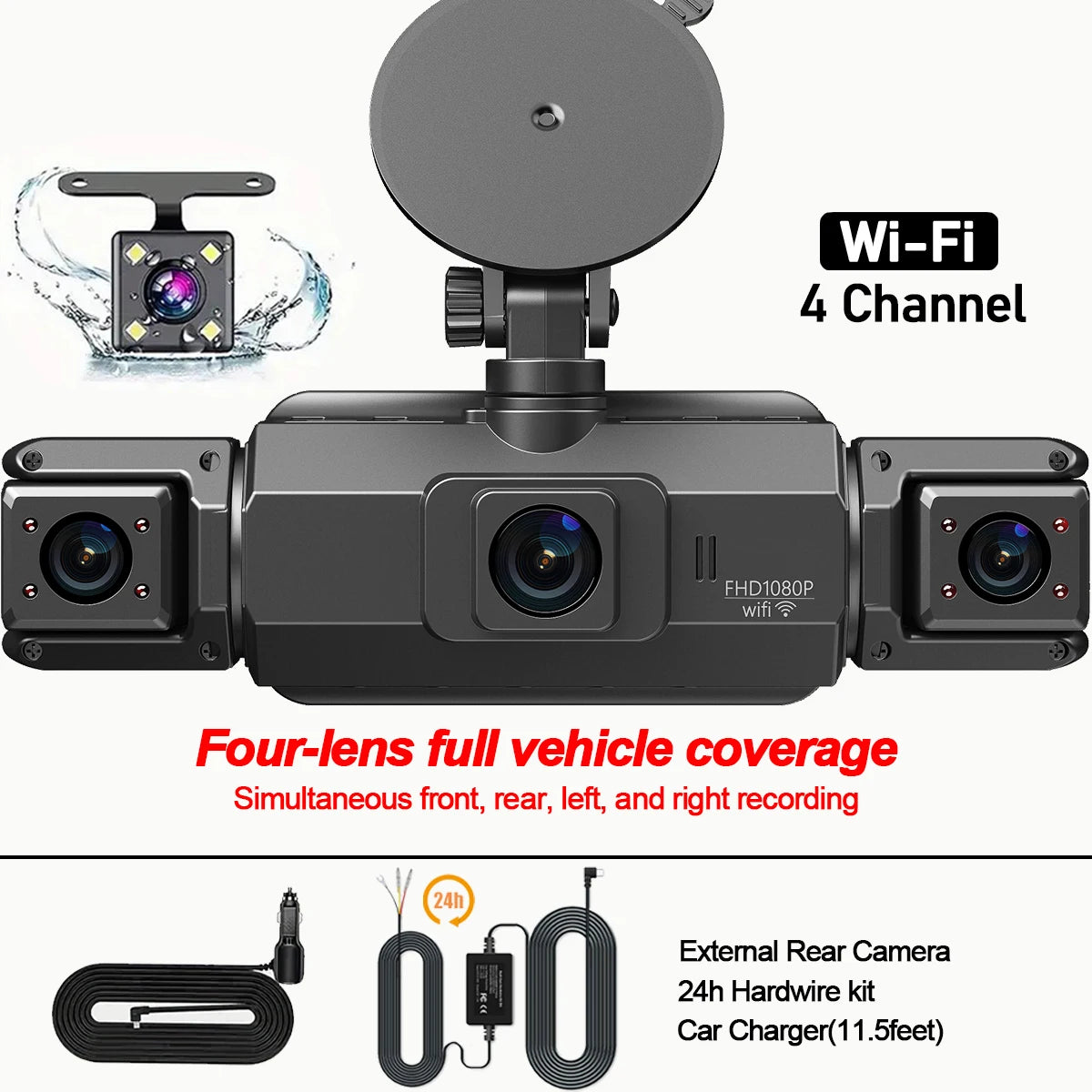 Dashcam 4 Channels WiFi Car DVR Dashboard Cameras for Car Way Back Box Parking Mode 24H Front and Rear Interior 360 Dash Cam