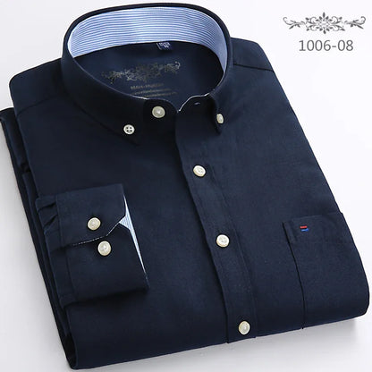 Classic Fit Cotton Full Casual Shirts for Men Solid Color Long-Sleeve Plain Shirt Single Pocket Top Soft Slim Fit Formal Clothes