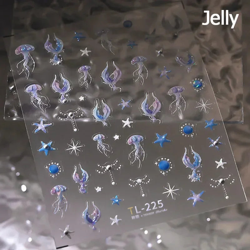 Colorful Bagful Jellyfish Bubbles Swimming Rings Rainbow Stars Ocean Starfish Self Adhesive 5D Nail Art Sticker Manicure Decal