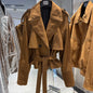 YOLOAgain Vintage Grain Leather Jacket Women Real Leather Sheepskin Jacket With Belt