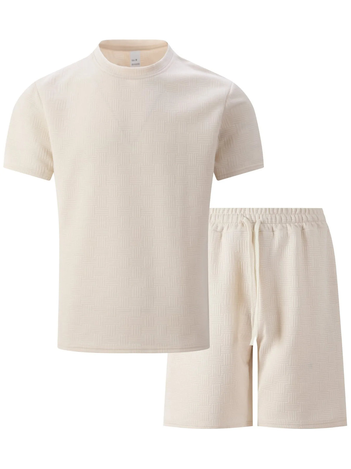 2025 summer new men's suit leisure solid color jacquard round neck fashion all-match short-sleeved T-shirt drawstring shorts set