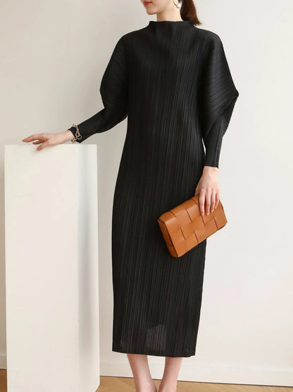 Miyake Pleats Batwing Sleeve Pleated Long Dress Korean High Fashion Causal Elegant Women Designer Clothing