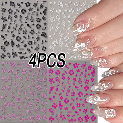 1pc 3D Hibiscus Flowers Nail Sticker White Black Flower Petals Adhesive Decals Pink Golden Floral Slider For Nail Art Decoration