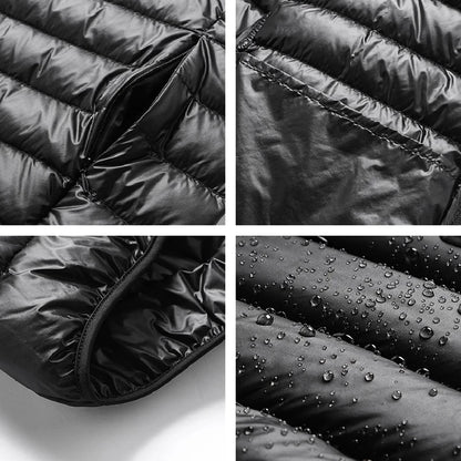 Men White Duck Down Jacket Warm Hooded Ultra Lightweight Packable Coat Winter Water and Wind-Resistant Breathable Down Jacket