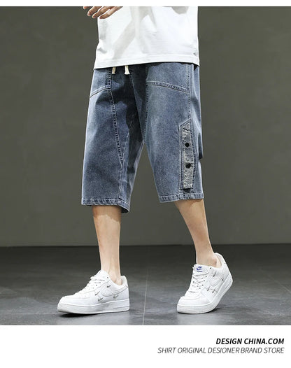 Korean Style Men's Long Shorts 3/4 Length Denim Bermuda Male Big Plus Large Size Jeans Fashion Below Knee Streetwear Loose Baggy