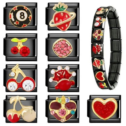 2025 New Original Black Red Stars Love Heart Bows Flower Italian Charm Link Fit 9mm Stainless Steel Jewelry DIY Making Bracelets