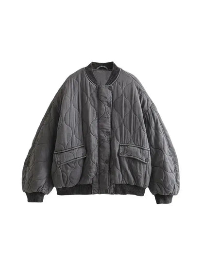Women Fashion Oversized Thick Warm Quilted Bomber Jackets Coat Vintage Long Sleeves Snap-button Female Outerwear Chic Tops