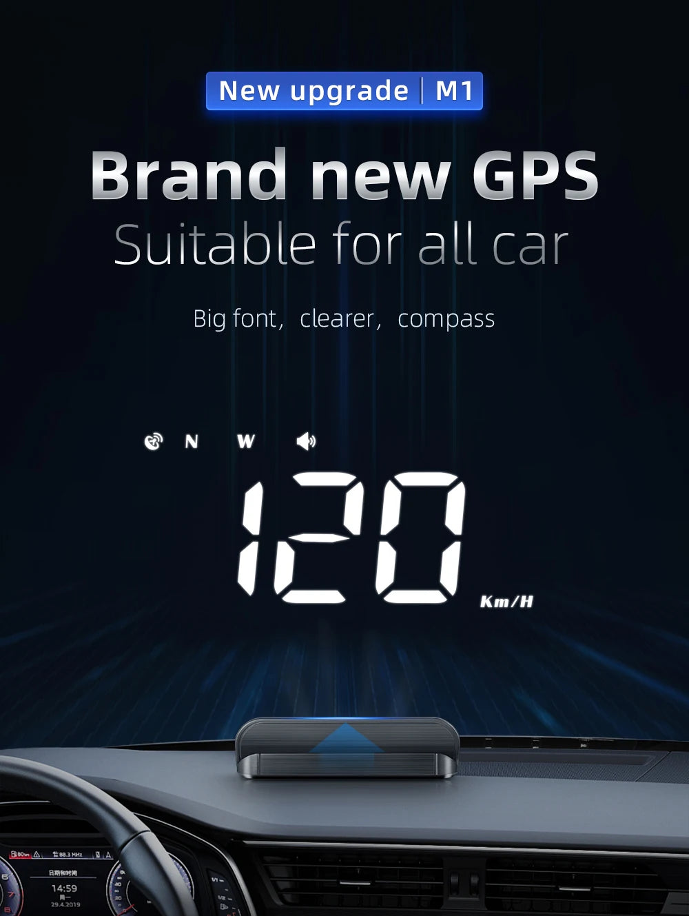 M3 HUD Obd2 Display On-board Computer Car Head-up display Windshield Big Font projection E-OBD and GPS Suitable for All Cars M1
