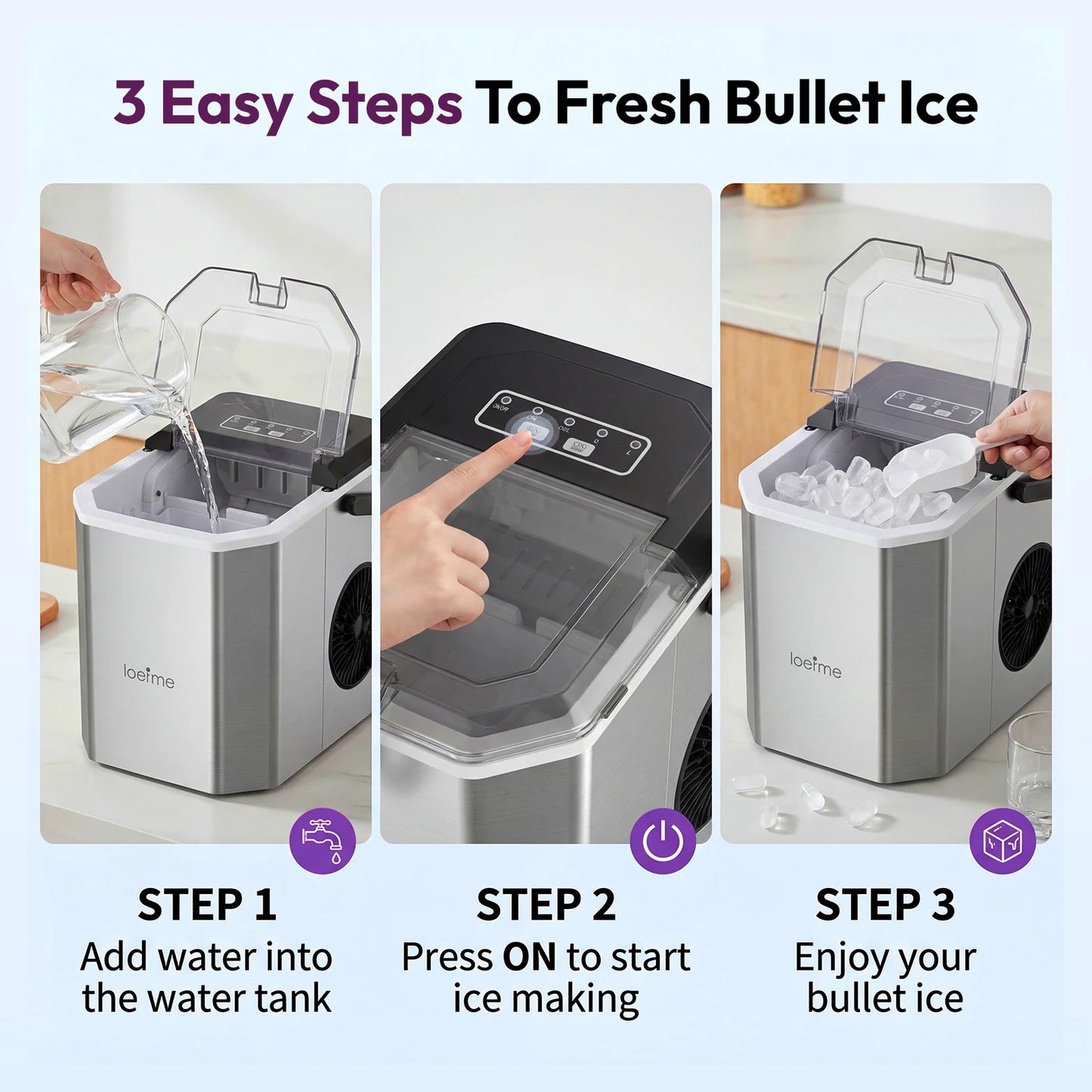 LOEFME 12kg/24h Electric Ice Maker Desktop Fully Automatic Bullet Ice Fast Ice Maker Machine Self-Cleaning Home Cafes Camping